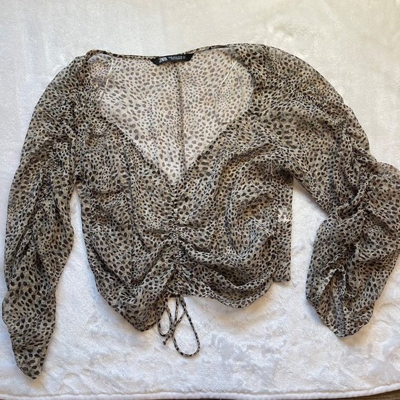 Zara‎ Women's Sheer Leopard Print Adjustable Ruched Middle Crop Top Size XL - Picture 11 of 11